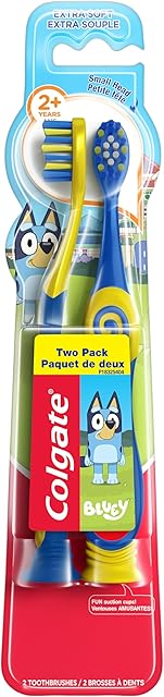 Colgate Extra Soft Toothbrush for Kids, Kids Toothbrush Pack with Built in Suction Cup Toothbrush Holder, Designed for Children Ages 2 and Up, Extra Soft Bristles, Bluey, 2 Pack