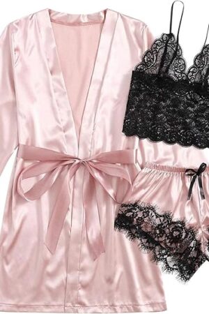 3PCS Satin Pajamas Set for Women Silk Lace Sleepwear Sexy Lingerie V Neck Cami Shorts Set Cute Summer Loungewear Set