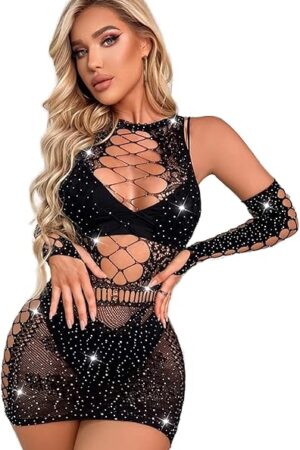 Women's Sexy Rhinestone Fishnet Bodysuit with Gloves Set Exotic Lingerie for Women Mesh Chemise Lingerie Set