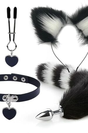 Anal Sex Toys Fox Tail Butt Plug Sexy Plush Cat Ear Headband with Bells Necklace Set Massage Sex Toys for Women Couples Cosplay (Color : 5PCS Black Set)