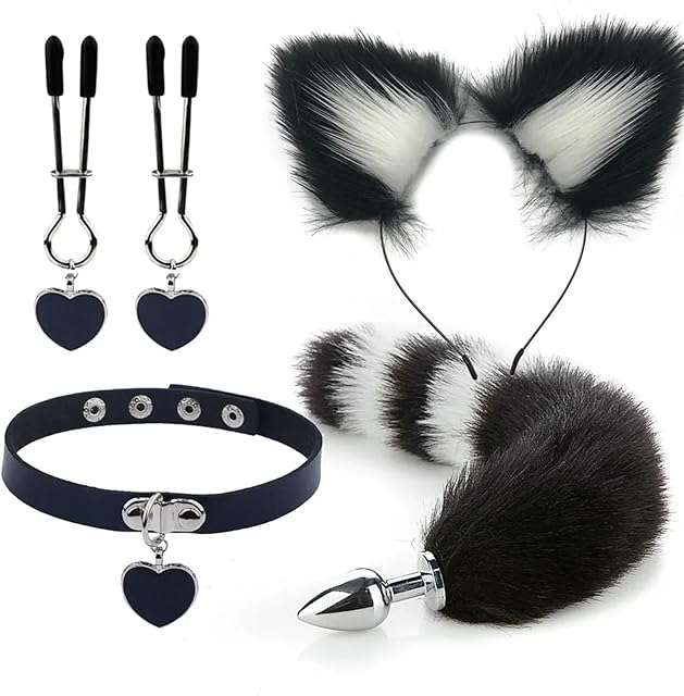 Anal Sex Toys Fox Tail Butt Plug Sexy Plush Cat Ear Headband with Bells Necklace Set Massage Sex Toys for Women Couples Cosplay (Color : 5PCS Black Set)