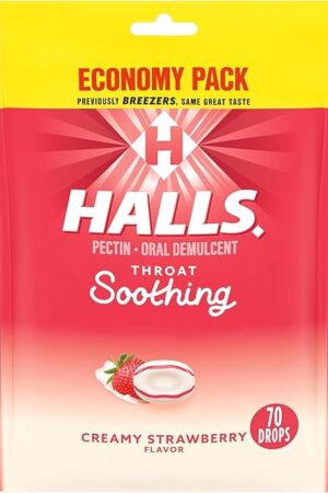 HALLS Throat Soothing (Previously HALLS Breezers) Creamy Strawberry Throat Drops, Economy Pack, 70 Drops