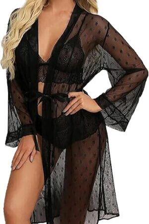 Women's Lace Lingerie Set 3 Piece Sexy Sheer Kimono Robe with Bra and Panty Sleepwear