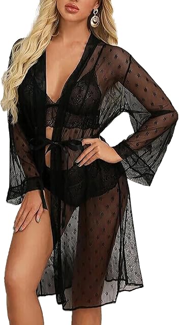 Women's Lace Lingerie Set 3 Piece Sexy Sheer Kimono Robe with Bra and Panty Sleepwear