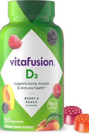 vitafusion Vitamin D3 Gummies, Bone and Immune Support, Peach, Blackberry, Strawberry Flavored, 50 mcg D3 Gummy Vitamin Supplement, 75 Day Supply, 150 Count