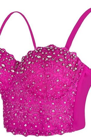 Women's Rhinestone Bustier Top Corset Sexy Club Party Crop Lace Going Out Sleeveless Top Vest Bra with Underwire