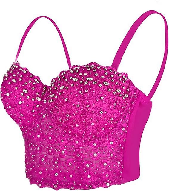 Women's Rhinestone Bustier Top Corset Sexy Club Party Crop Lace Going Out Sleeveless Top Vest Bra with Underwire
