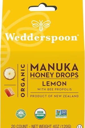 Wedderspoon Organic Manuka Honey Drops, Lemon & Bee Propolis, 20 Count (Pack of 1) | Genuine New Zealand Honey | Perfect Remedy For Dry Throats