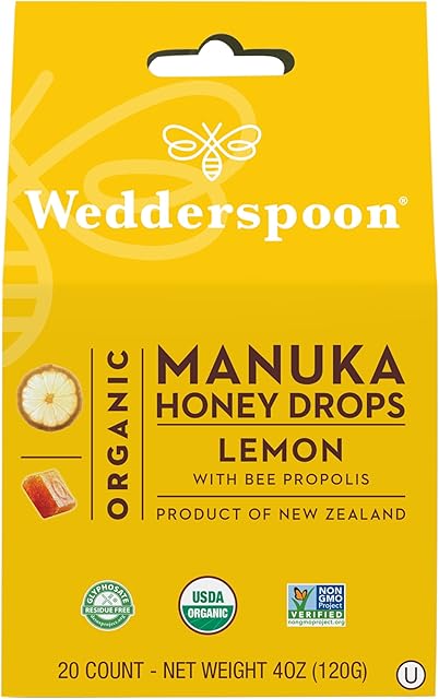 Wedderspoon Organic Manuka Honey Drops, Lemon & Bee Propolis, 20 Count (Pack of 1) | Genuine New Zealand Honey | Perfect Remedy For Dry Throats