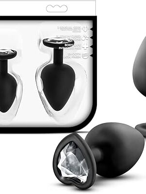 Blush - Luxe Bling Butt Plug 3 Piece Training Kit - Three Different Sizes - Heart Shape Base with Gems - Puria Silicone Anal Sex Toy - Black Faux Diamond