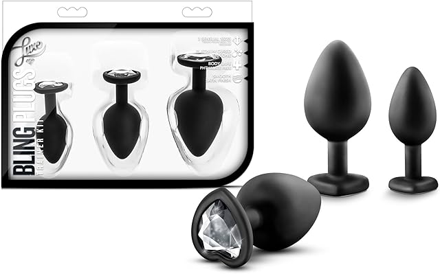 Blush - Luxe Bling Butt Plug 3 Piece Training Kit - Three Different Sizes - Heart Shape Base with Gems - Puria Silicone Anal Sex Toy - Black Faux Diamond