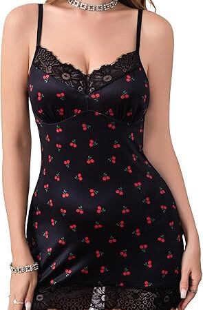 Womens Sexy Nightgown Lingerie Set with G-String Chemise V Neck Babydoll Nightsleep Cherry Print Lace Sleepdress