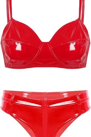 Women Wet Look Patent Leather Bikini Swimsuit Sexy Zipper Crotch Lingerie Set Swimwear