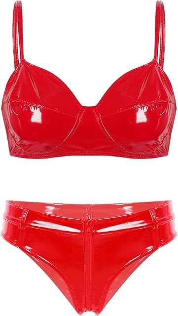 Women Wet Look Patent Leather Bikini Swimsuit Sexy Zipper Crotch Lingerie Set Swimwear