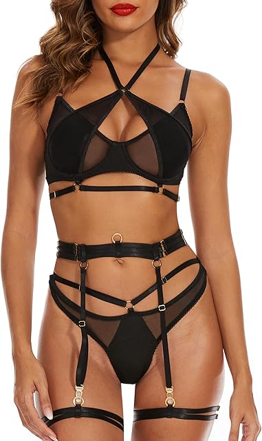 Black Lingerie Set for Women: Sexy Lace Lingerie with Garter Belt, BH, Bra, Choker
