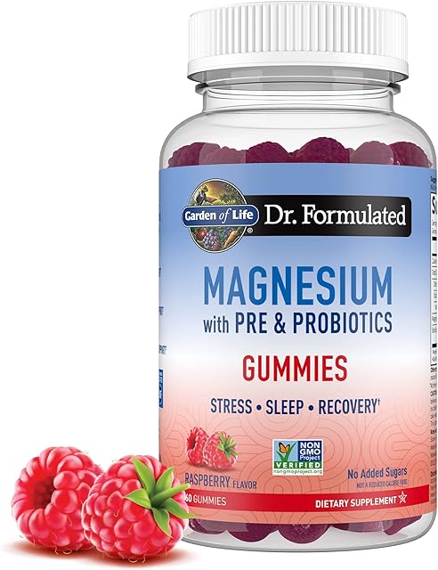 Garden of Life Magnesium Citrate Supplement Gummies with Prebiotics & Probiotics for Stress, Sleep & Recovery - Vegan, Gluten Free, Kosher, Non-GMO, No Added Sugars, Raspberry Flavor, 60 Count