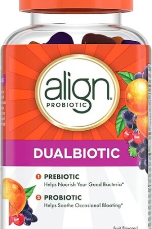 Align Dualbiotic, Prebiotics and Probiotics for Women and Men, Probiotics for Digestive Health, Prebiotics Help Nourish Good Bacteria, Natural Fruit Flavors, 60 Probiotic Gummies