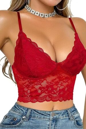 Lace Cami for Women,Sexy Bralette Crop Top V Neck Bustier Top Adjustable Spaghetti Strap Going Out Lingerie Outfits