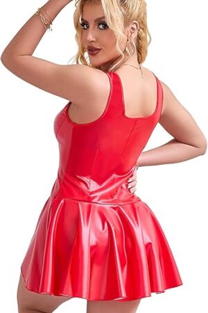 Women PU Leather Dress Lingerie Set Zipper Babydoll Chemise Pleated Steampunk Clubwear S-2XL