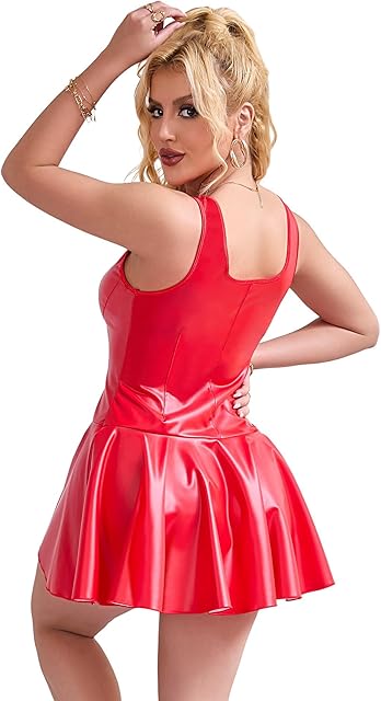 Women PU Leather Dress Lingerie Set Zipper Babydoll Chemise Pleated Steampunk Clubwear S-2XL