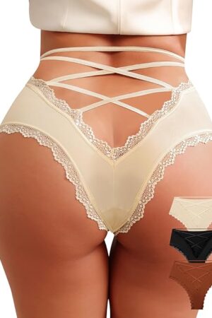 Bikini Underwear for Women Lace V-waist Cute Panties High Waisted Ladies Panty Cheeky Cross Strap Panties Women Pack
