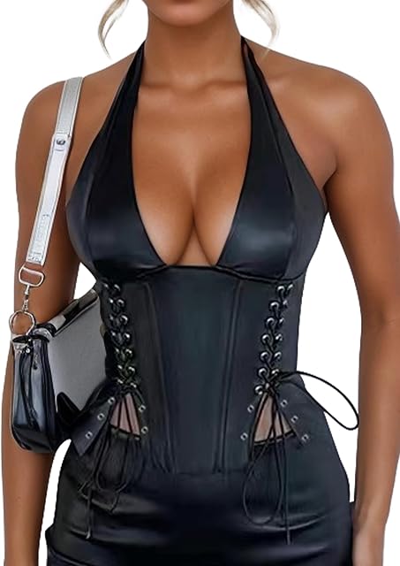 Women's Sexy Halter Neck PU Leather Bustier Top Adjustable Backless Crop Vest with Tie Straps