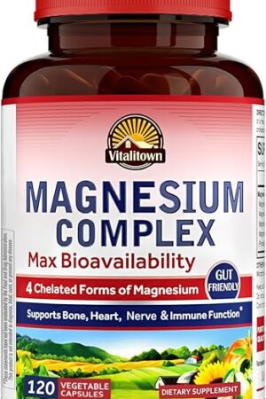 Vitalitown Magnesium Complex Supplement 500mg - Maximized Absorption Chelated Magnesium Glycinate, Malate, Taurate & Citrate - Vegan Non-GMO 120 Capsules for Sleep, Energy & Heart