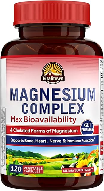 Vitalitown Magnesium Complex Supplement 500mg - Maximized Absorption Chelated Magnesium Glycinate, Malate, Taurate & Citrate - Vegan Non-GMO 120 Capsules for Sleep, Energy & Heart