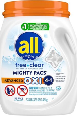 all Laundry Detergent Pacs, Mighty Pacs with OXI Stain Removers and Whiteners, Free Clear, Unscented and Dye Free, 56 Count