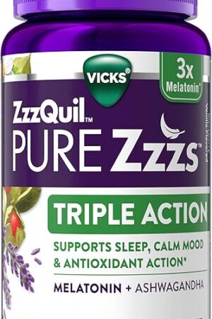 ZzzQuil PURE Zzzs Triple Action, Melatonin Gummies, Melatonin 6mg, 3X Melatonin, Sleep Aid with Ashwagandha, Calm Mood, Antioxidant Action, Sleep Aids for Adults, 60 Sleep Gummies