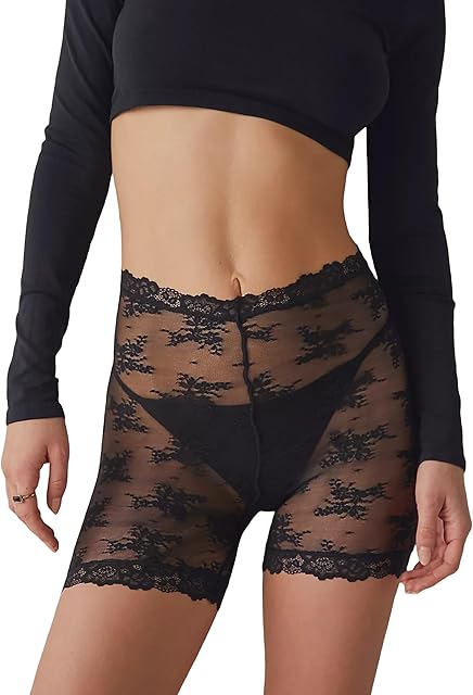 Women's Floral Lace Biker Shorts Sexy See Through Sheer Mesh Short Leggings Anti-Chafing Skinny Shorts