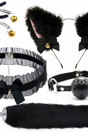 BDSM Bondage Kit 5 Pcs Foxtail Anal Plug Set Sex Toy Kit with Butt Plug Headband Cat Ear Necklace Nipple Clamps and Gags Adult Toys for Men Women Couples Adult Sex Toys