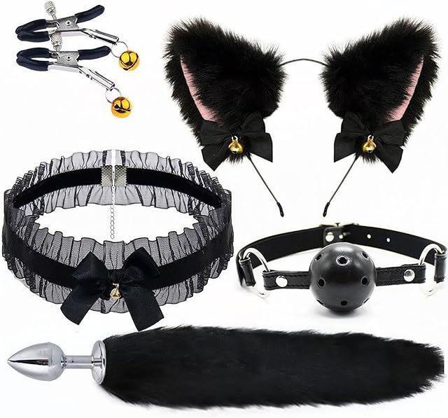 BDSM Bondage Kit 5 Pcs Foxtail Anal Plug Set Sex Toy Kit with Butt Plug Headband Cat Ear Necklace Nipple Clamps and Gags Adult Toys for Men Women Couples Adult Sex Toys
