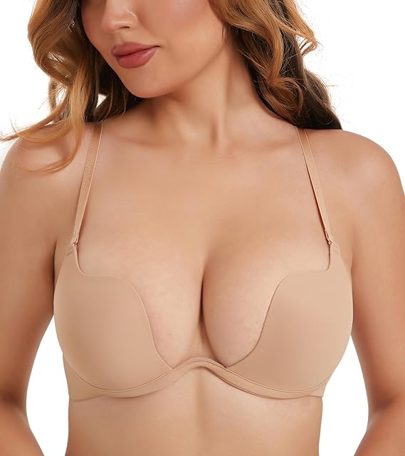 Women's Deep U Plunge Bra Everyday Padded Push Up Low Cut Underwire Multiway