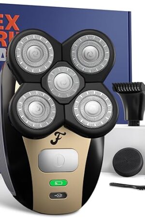 FlexSeries Electric Head & Body Hair Shaver - Mens Cordless Rechargeable Wet/Dry Skull Bald Head Back & Groin Waterproof Razor with Rotary Blades, Clippers, Nose Trimmer, Brush, Massager