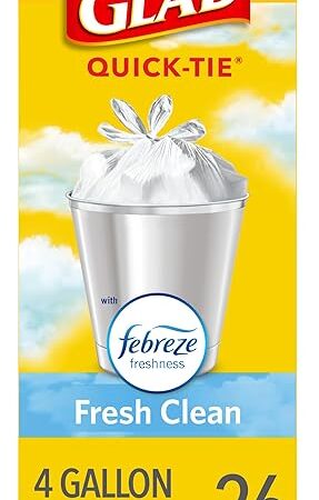 Glad Small Trash Bags 4 Gallon, Febreze Fresh Clean Garbage Bags, Odor Resistant with Quick Tie, 26 Count