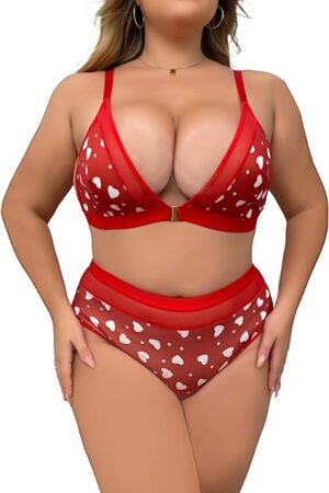 Women's Plus Size 2 Piece Lingerie Set Floral Sheer Deep V Neck Front Placket Bra High Waist Outfits Panty Sets