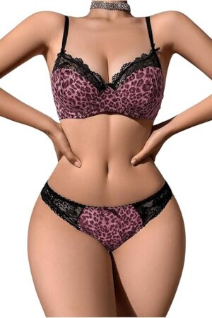 Women's Sexy Leopard Underwire Push Up Bra and Panty Sets Cheetah Print 2 Piece Lingerie Set