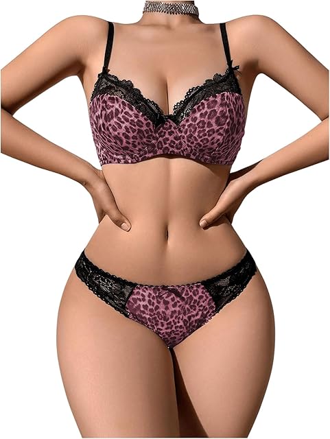 Women's Sexy Leopard Underwire Push Up Bra and Panty Sets Cheetah Print 2 Piece Lingerie Set