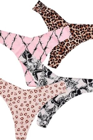 Women's 4 Pieces Underwear All Over Printed Summer Lightweight Sexy Thongs