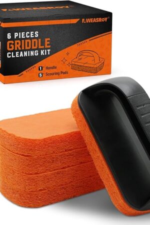 6-Piece Griddle Cleaning Kit for Blackstone, Flat Top Grill Cleaning Kit Non-Scratch Scouring Pads for Kitchen - 5 Scrubber Pads and 1 Handle