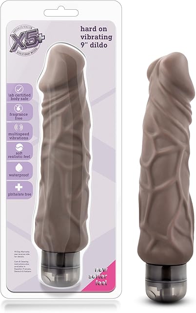 Blush Novelties X5 Plus - Hard On 9 Inch Soft Realistic Vibrating Dildo - IPX7 Subersible Waterproof - Adjustable Multi Speed Stimulating Vibrations - Adult Toy - Sex Toy for Women Men Couples - Brown