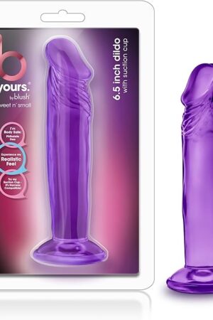 Blush Adult Sex Toys - B Yours, Sweet n Small Realistic 4.5 Inch Short Dildo - 1.25 Inch Wide Strap On Ready Suction Cup - Body Safe, Non Porous Soft - Pegging, Anal - Women Men Couples - Purple