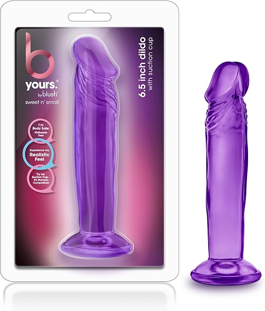 Blush Adult Sex Toys - B Yours, Sweet n Small Realistic 4.5 Inch Short Dildo - 1.25 Inch Wide Strap On Ready Suction Cup - Body Safe, Non Porous Soft - Pegging, Anal - Women Men Couples - Purple