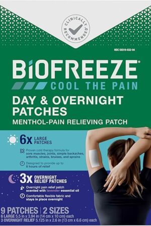 Biofreeze Day & Overnight Pain Relief Patches, Menthol Pain Patches for Arthritis & Muscle Pain Relief, Comfortable & Flexible Fabric Stays in Place, FSA/HSA Eligible, 9 Patches (6 Day, 3 Night)