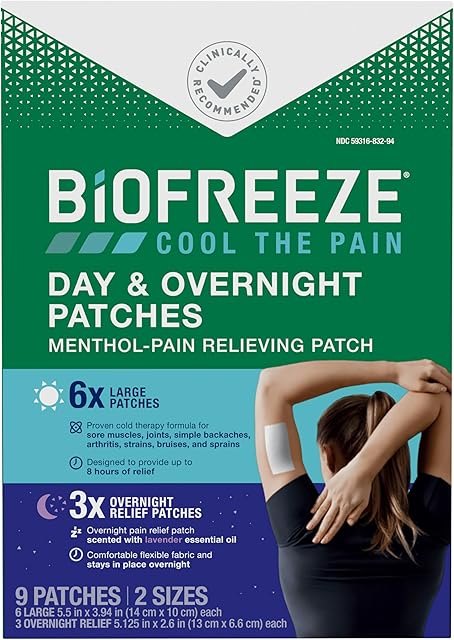 Biofreeze Day & Overnight Pain Relief Patches, Menthol Pain Patches for Arthritis & Muscle Pain Relief, Comfortable & Flexible Fabric Stays in Place, FSA/HSA Eligible, 9 Patches (6 Day, 3 Night)