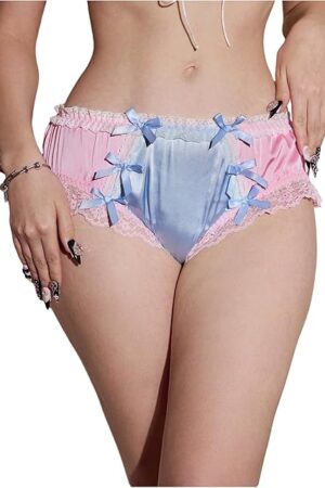 Women's Bow Satin Panties Lace Trim Sexy Low Rise Cute Bikini Underwear