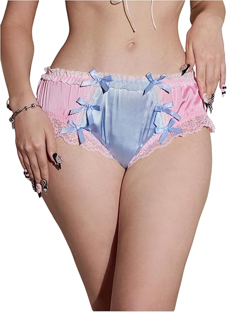 Women's Bow Satin Panties Lace Trim Sexy Low Rise Cute Bikini Underwear