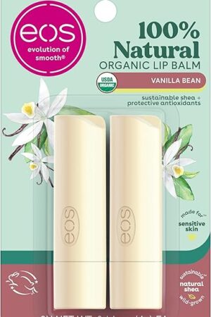 eos 100% Natural & Organic Lip Balm Sticks - Vanilla Bean, All Natural Lip Balm, All-Day Moisture, Dermatologist Recommended, 014 oz, 2-Pack