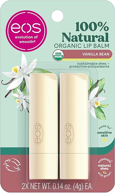 eos 100% Natural & Organic Lip Balm Sticks - Vanilla Bean, All Natural Lip Balm, All-Day Moisture, Dermatologist Recommended, 014 oz, 2-Pack